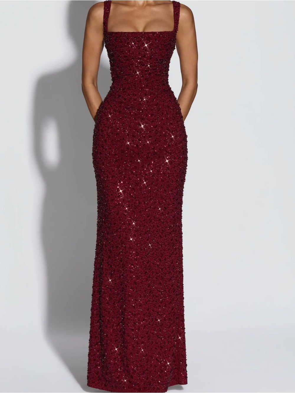 Elegant Burgundy Sequin Gown - Square Neck Evening Dress